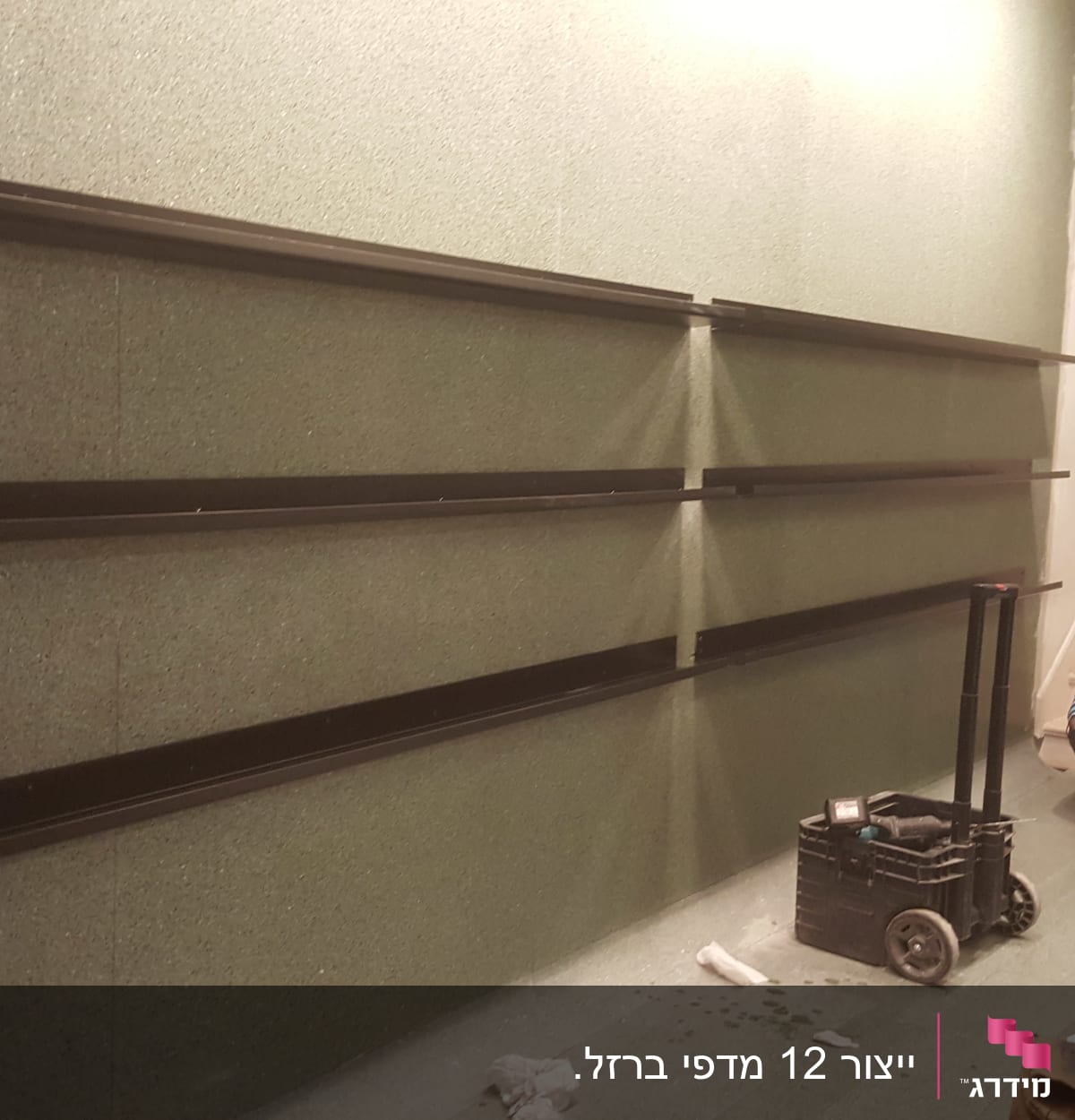 שלושה מדפים שחורים מותקנים על קיר ירוק